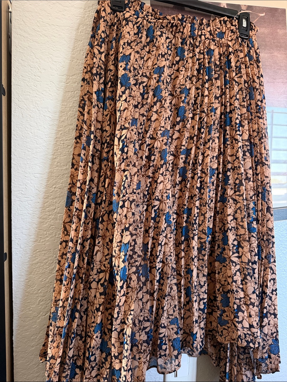 Lucy Paris Brown Floral Pleated Midi Skirt with Blue Accents